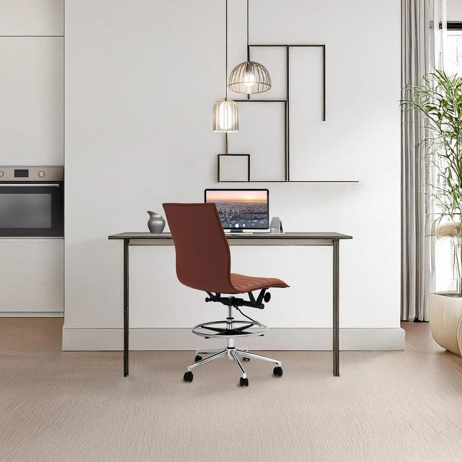 2xhome Modern Ergonomic PU Leather Mid Back Ribbed Drafting Office Chair with Chrome Armrest Foot Rest Tiltable Seat Rolling Chair (Brown)