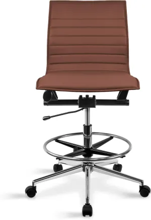 2xhome Modern Ergonomic PU Leather Mid Back Ribbed Drafting Office Chair with Chrome Armrest Foot Rest Tiltable Seat Rolling Chair (Brown)