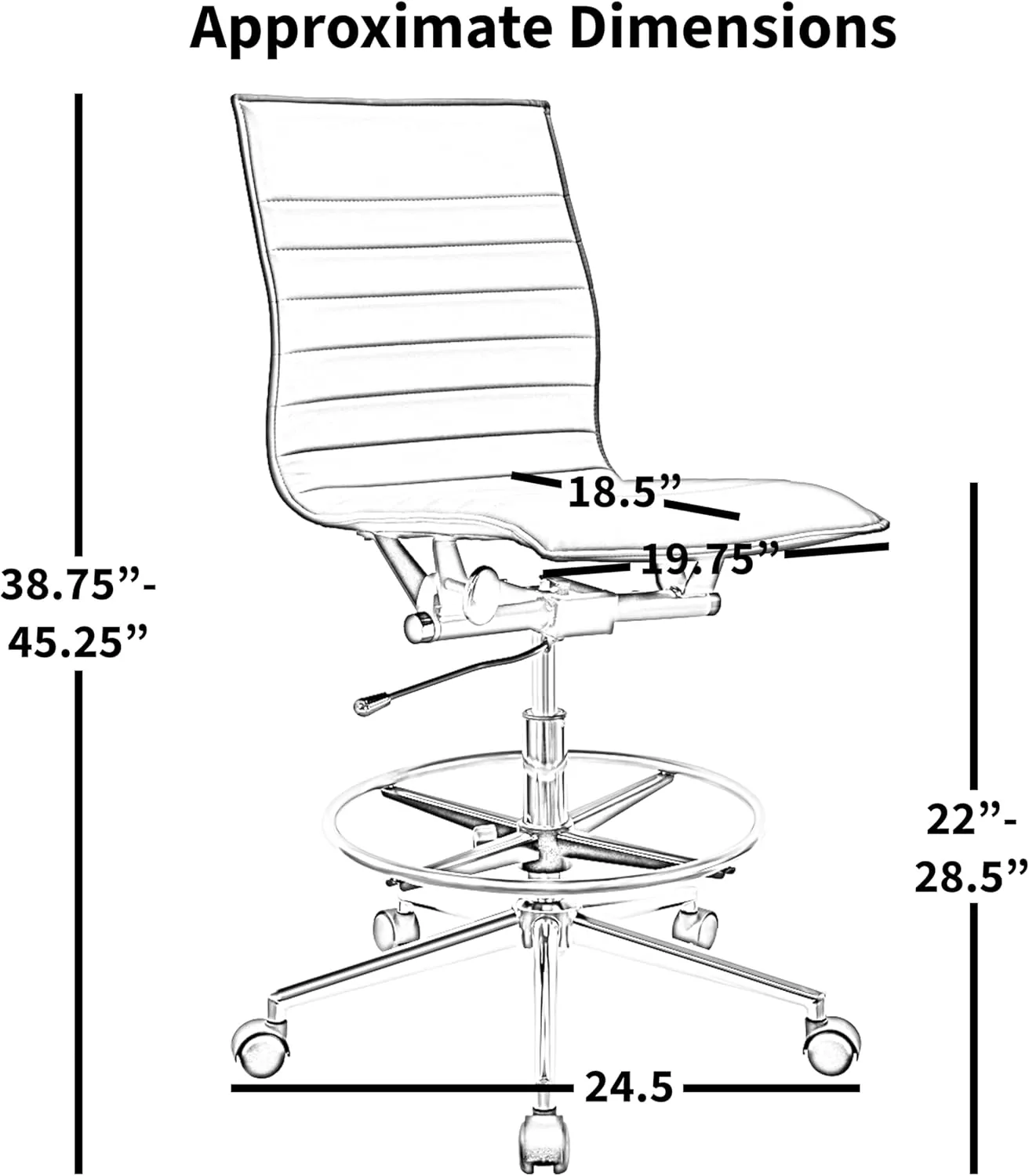2xhome Modern Ergonomic PU Leather Mid Back Ribbed Drafting Office Chair with Chrome Armrest Foot Rest Tiltable Seat Rolling Chair (Gray)