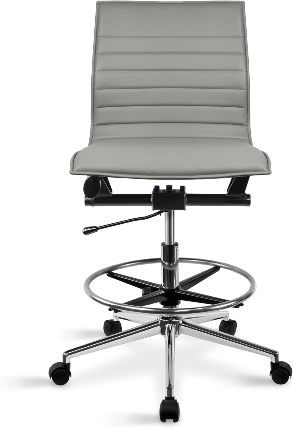 2xhome Modern Ergonomic PU Leather Mid Back Ribbed Drafting Office Chair with Chrome Armrest Foot Rest Tiltable Seat Rolling Chair (Gray)