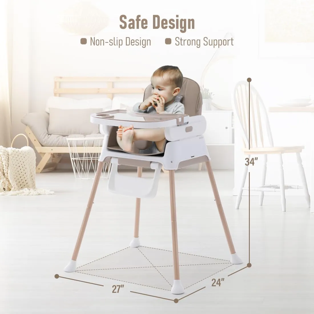 3 in 1 Baby High Chair,Adjustable Convertible Infant Baby Feeding Chair Booster for Eating with Detachable Double Tray,5 Point Harness,Khaki