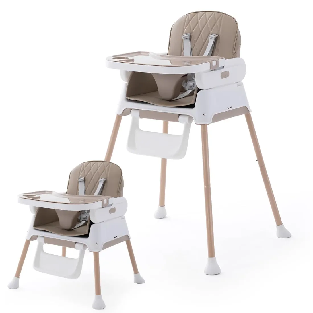 3 in 1 Baby High Chair,Adjustable Convertible Infant Baby Feeding Chair Booster for Eating with Detachable Double Tray,5 Point Harness,Khaki