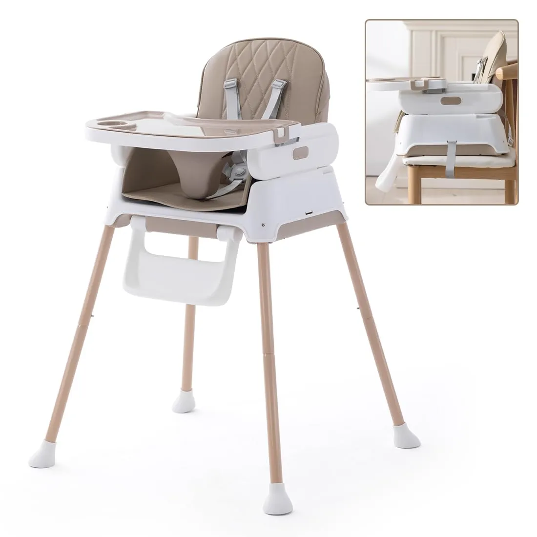 3 in 1 Baby High Chair,Adjustable Convertible Infant Baby Feeding Chair Booster for Eating with Detachable Double Tray,5 Point Harness,Khaki