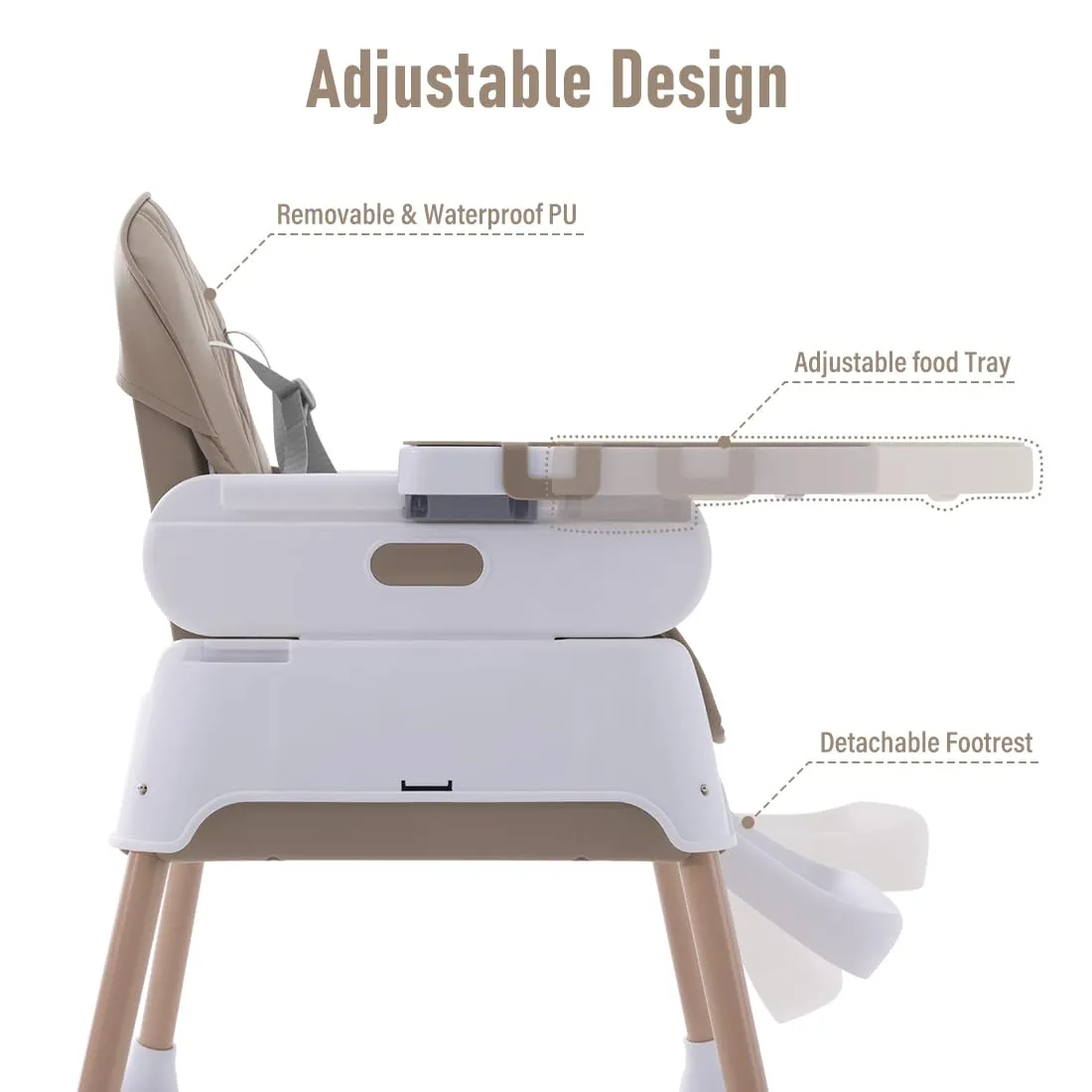 3 in 1 Baby High Chair,Adjustable Convertible Infant Baby Feeding Chair Booster for Eating with Detachable Double Tray,5 Point Harness,Khaki