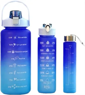 3 in 1 Pcs Set Water Bottle with Time Marker Straw 2000ml 900ml 700ml (Blue)