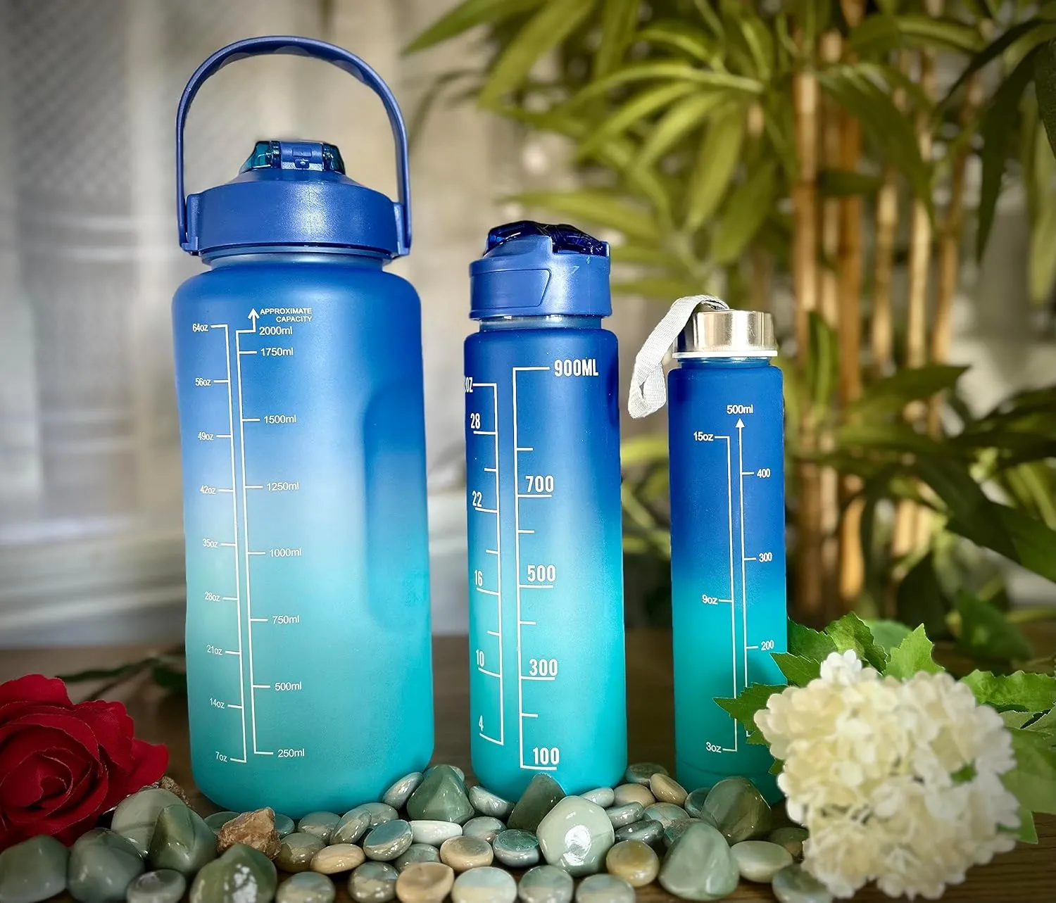 3 in 1 Pcs Set Water Bottle with Time Marker Straw 2000ml 900ml 700ml (Blue)