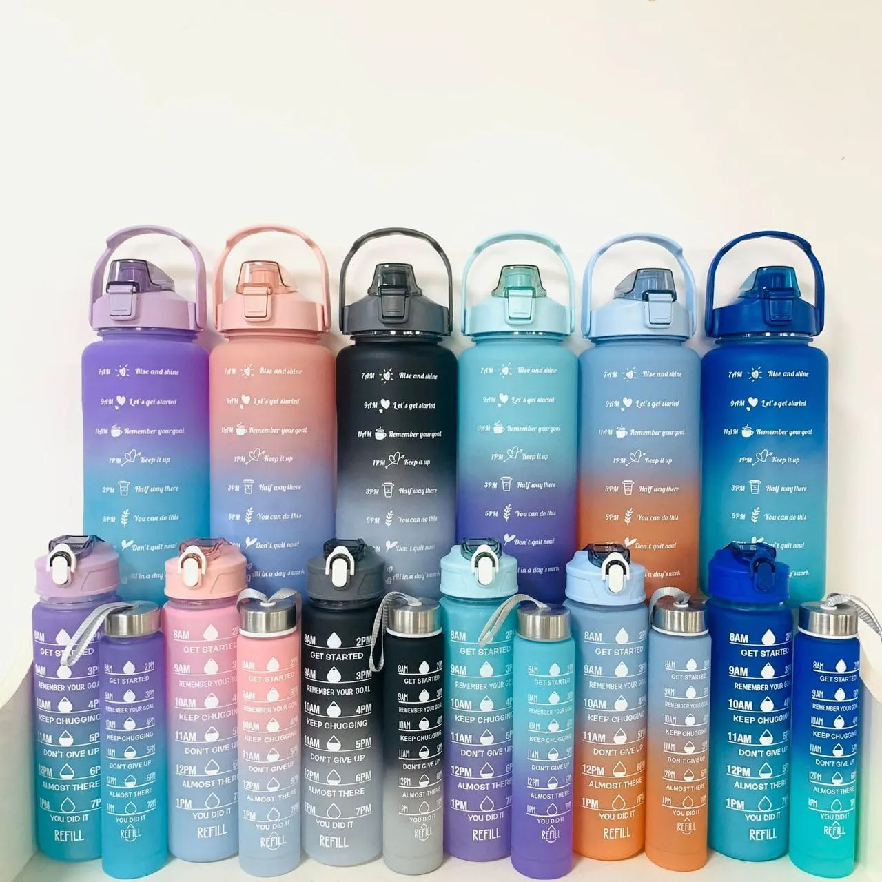 3 in 1 Pcs Set Water Bottle with Time Marker Straw 2000ml 900ml 700ml (Blue)