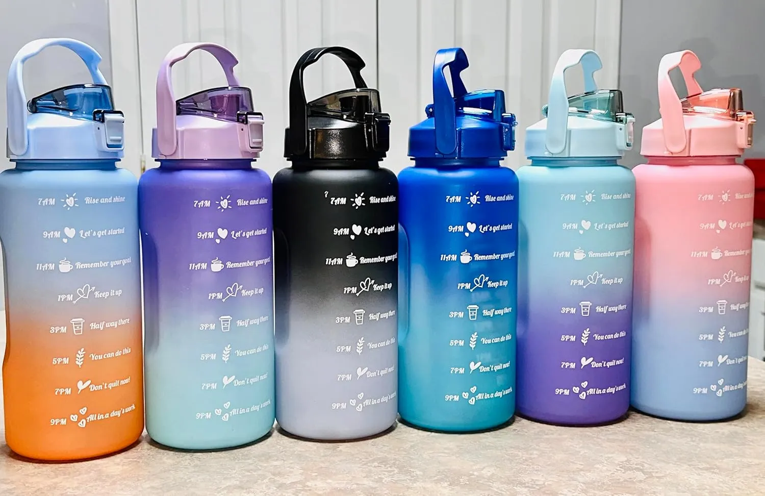 3 in 1 Pcs Set Water Bottle with Time Marker Straw 2000ml 900ml 700ml (Blue)