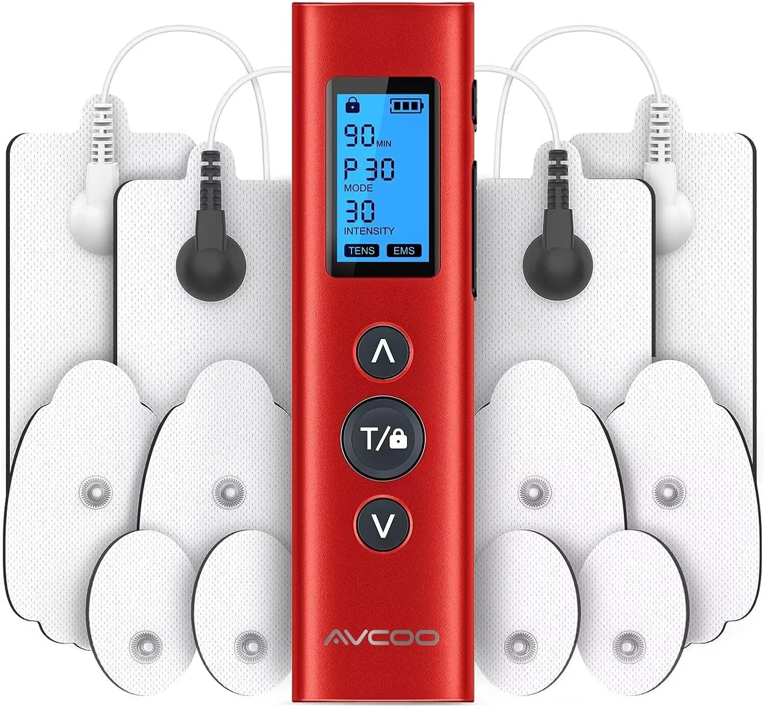 30 Modes TENS EMS Unit Compact Muscle Stimulator for Pain Relief, Rechargeable & Portable Dual Channel Muscle Stimulator with 30 Intensity Levels and 12 Electrode Tens Unit Replacement Pads Red