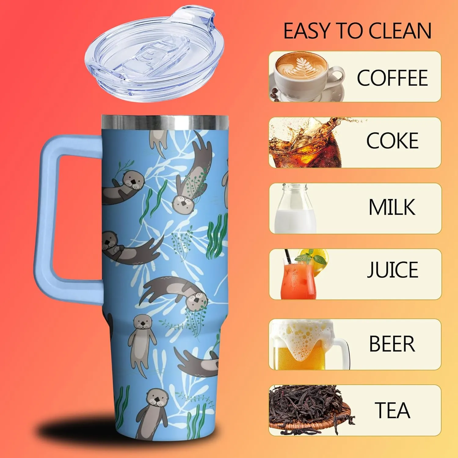 30 oz Sea Otter Tumbler with Handle and Straw, Insulated Stainless Steel Cup with Lid, Travel Coffee Mug Water Bottle, Gifts for Woman Animal Lovers