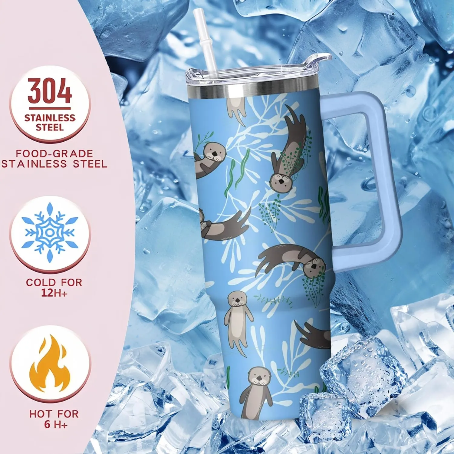 30 oz Sea Otter Tumbler with Handle and Straw, Insulated Stainless Steel Cup with Lid, Travel Coffee Mug Water Bottle, Gifts for Woman Animal Lovers