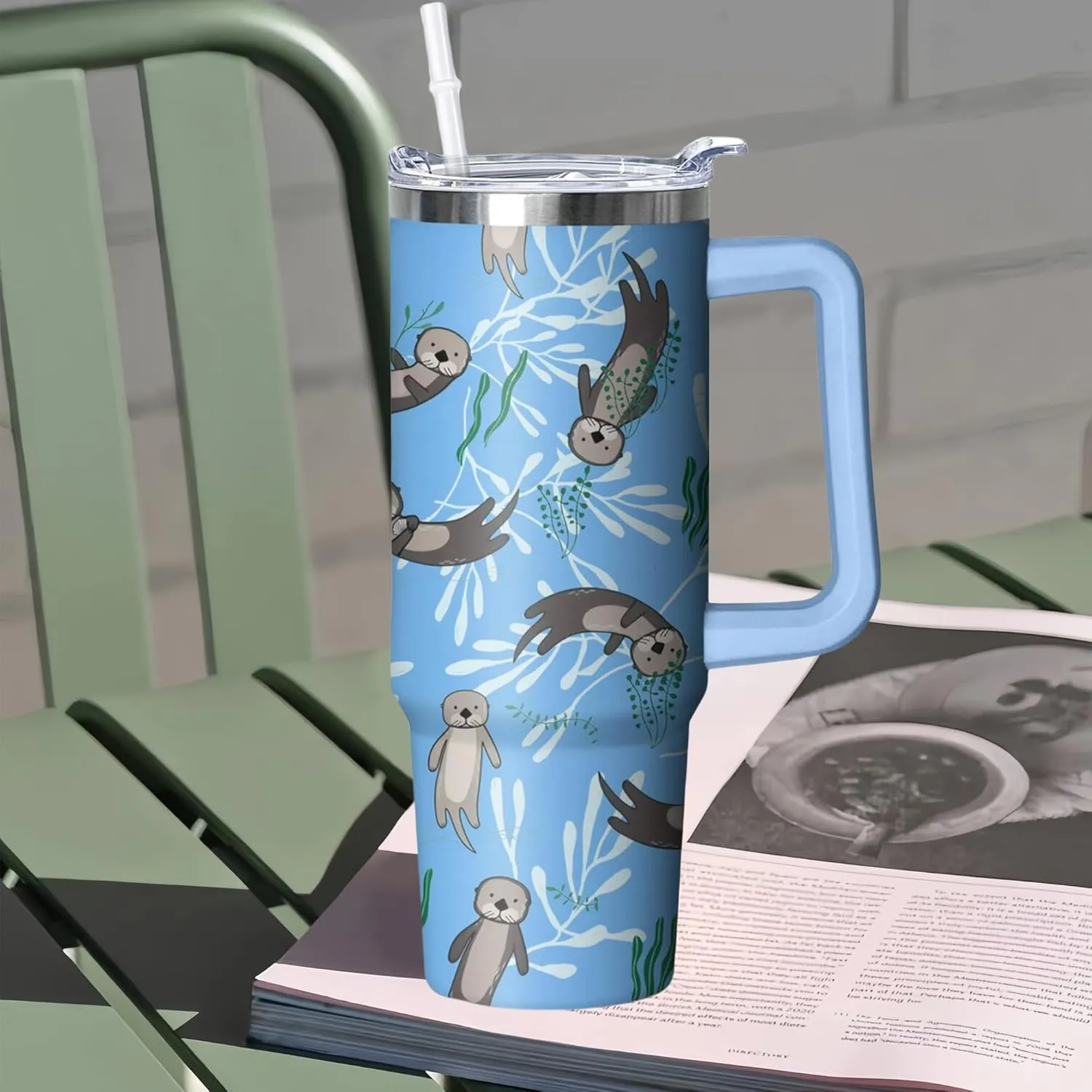 30 oz Sea Otter Tumbler with Handle and Straw, Insulated Stainless Steel Cup with Lid, Travel Coffee Mug Water Bottle, Gifts for Woman Animal Lovers