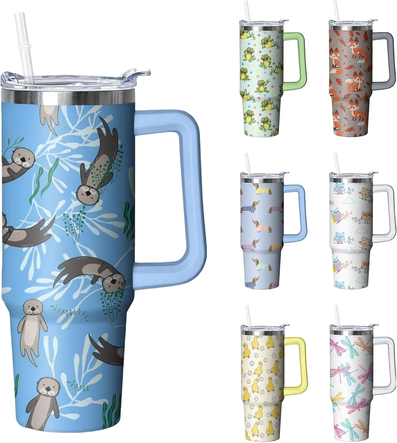 30 oz Sea Otter Tumbler with Handle and Straw, Insulated Stainless Steel Cup with Lid, Travel Coffee Mug Water Bottle, Gifts for Woman Animal Lovers
