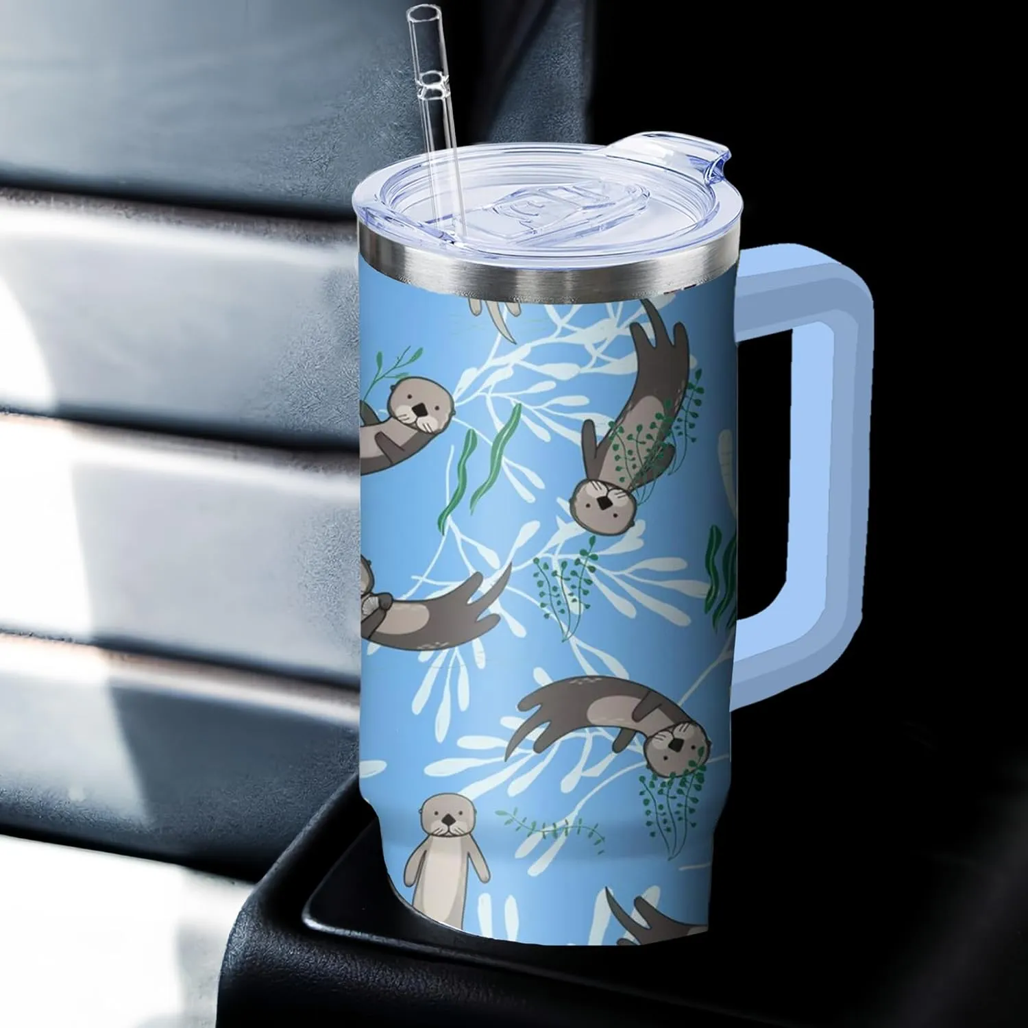 30 oz Sea Otter Tumbler with Handle and Straw, Insulated Stainless Steel Cup with Lid, Travel Coffee Mug Water Bottle, Gifts for Woman Animal Lovers