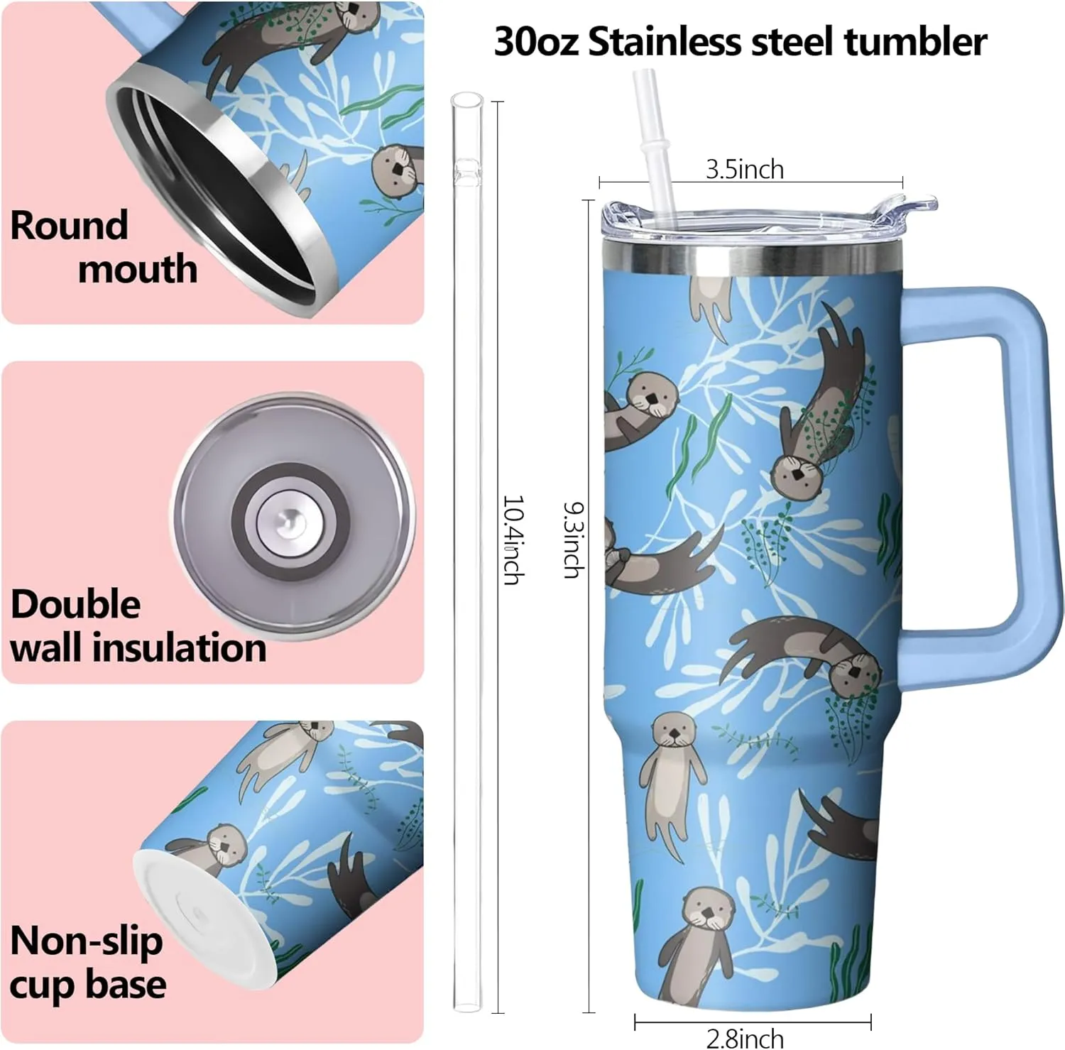 30 oz Sea Otter Tumbler with Handle and Straw, Insulated Stainless Steel Cup with Lid, Travel Coffee Mug Water Bottle, Gifts for Woman Animal Lovers