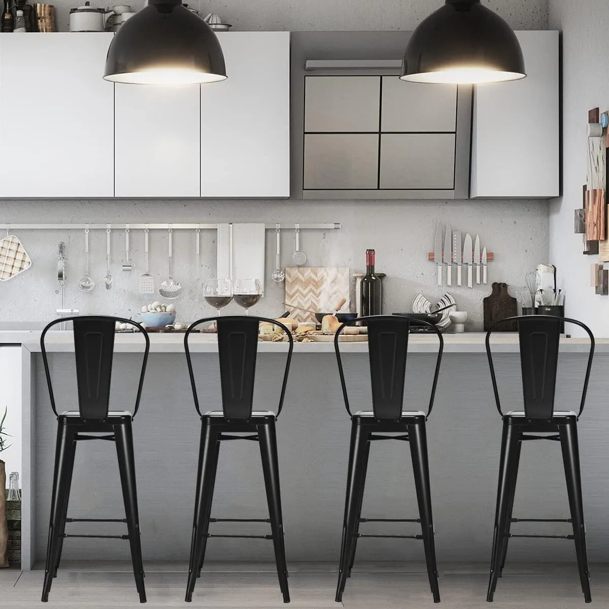 30" Industrial Metal Bar Stools Set 4,High Back Bar Stools with Detachable Back,Tolix Style Counter Height Bar Chairs Stackable Kitchen Bar Stools Counter Cafe Side Chairs (Black)