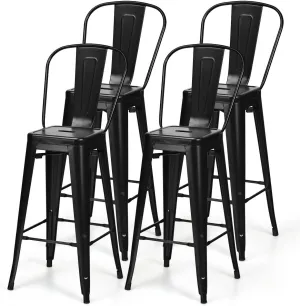 30" Industrial Metal Bar Stools Set 4,High Back Bar Stools with Detachable Back,Tolix Style Counter Height Bar Chairs Stackable Kitchen Bar Stools Counter Cafe Side Chairs (Black)