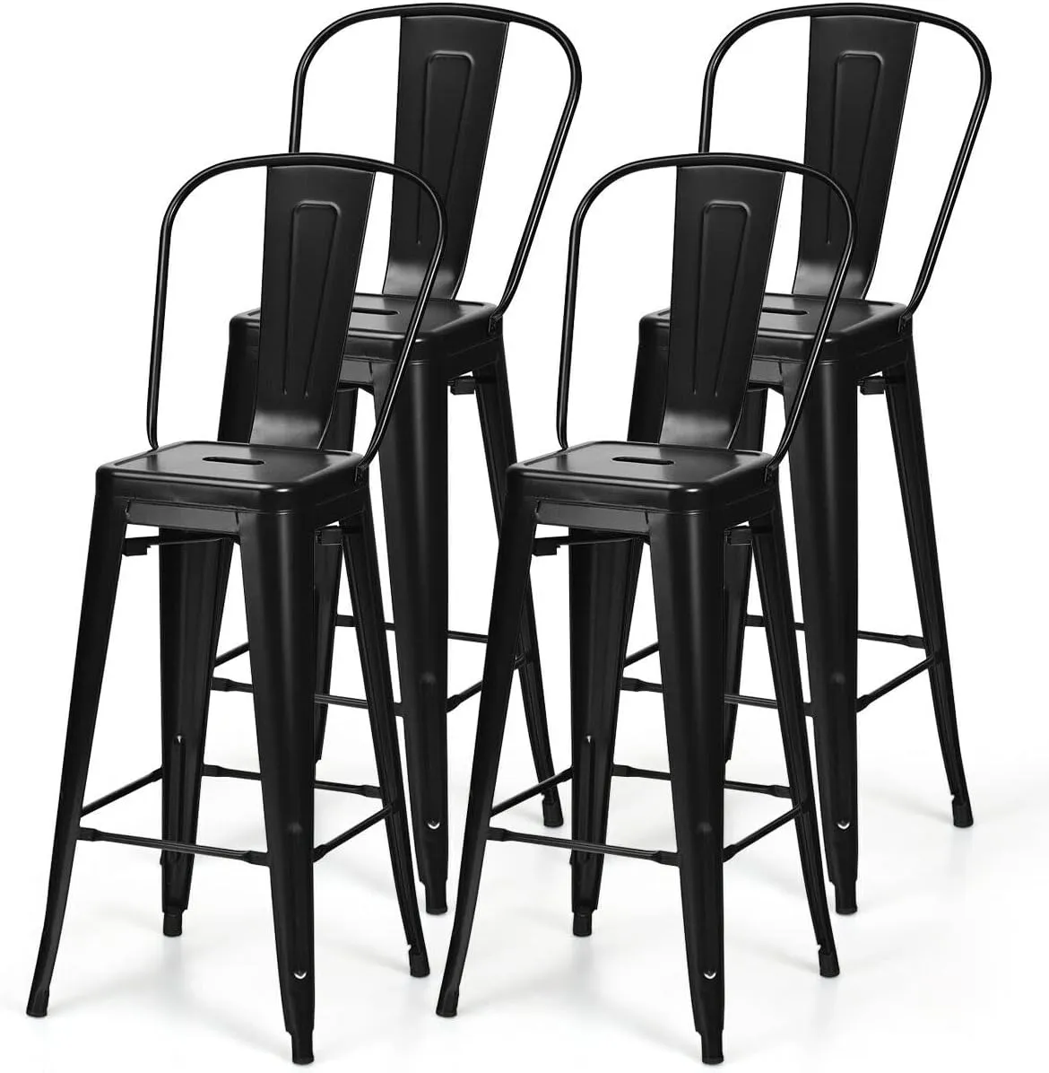 30" Industrial Metal Bar Stools Set 4,High Back Bar Stools with Detachable Back,Tolix Style Counter Height Bar Chairs Stackable Kitchen Bar Stools Counter Cafe Side Chairs (Black)