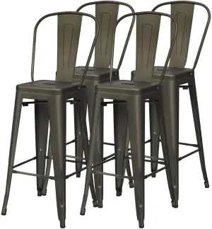 30" Industrial Metal Bar Stools Set 4,High Back Bar Stools with Detachable Back,Tolix Style Counter Height Bar Chairs Stackable Kitchen Bastools Counter Cafe Side Chairs (Gun)