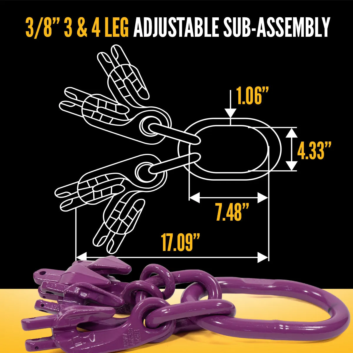 3/8" x 5' - Adjustable 3 Leg Chain Sling w/ Sling Hooks - Grade 100