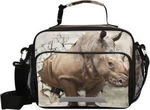 3d Rhinoceros Lunch Bag for Women Men Broken Brick Wall Insulated Cooler Tote Bag with Adjustable Shoulder Strap Large Capacity Reusable Leakproof Picnic Lunch Box Outdoor for Adult Office