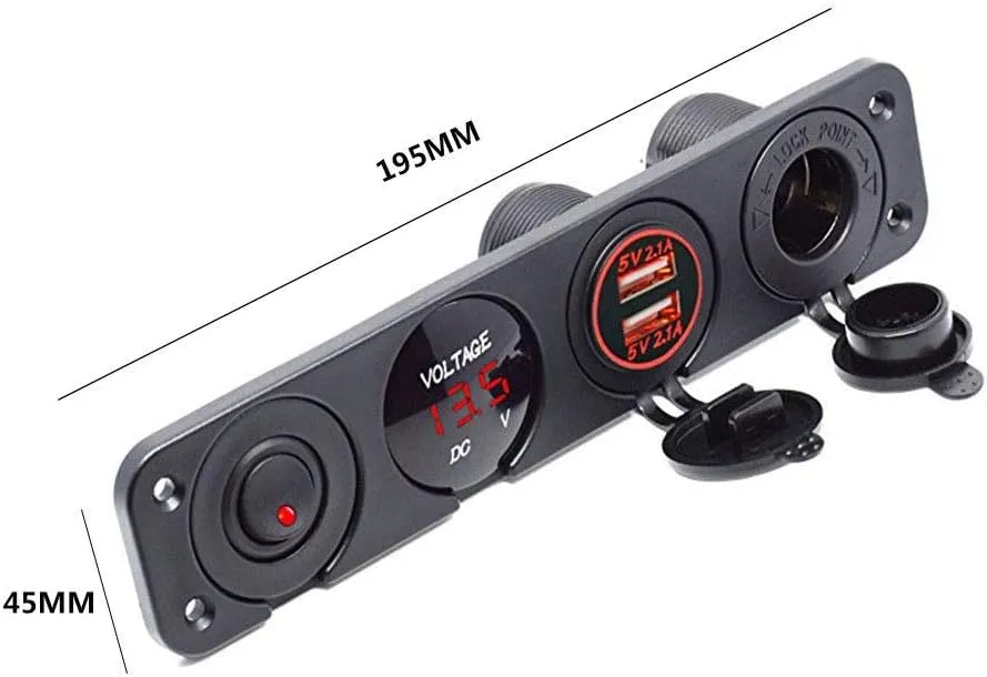 4 Hole Toggle Switch Panel with Dual USB Socket Charger 2.1A&2.1A LED Voltmeter 12V Power Outlet ON-Off Toggle Switch Multi-Function Panel for Caravan Marine Truck Trailer Camper Motorhome Boat