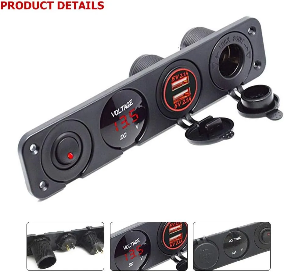 4 Hole Toggle Switch Panel with Dual USB Socket Charger 2.1A&2.1A LED Voltmeter 12V Power Outlet ON-Off Toggle Switch Multi-Function Panel for Caravan Marine Truck Trailer Camper Motorhome Boat