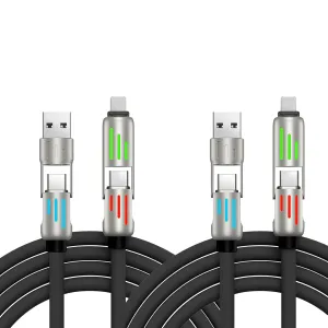 4-in-1 Multi-Function USB Charging Cable (4FT) - MAX 240W for Fast Charging with USB A Type C Ports and Breathing Light for Smartphone, Tablet, Laptop and More Device Charging (2PCS - Black)