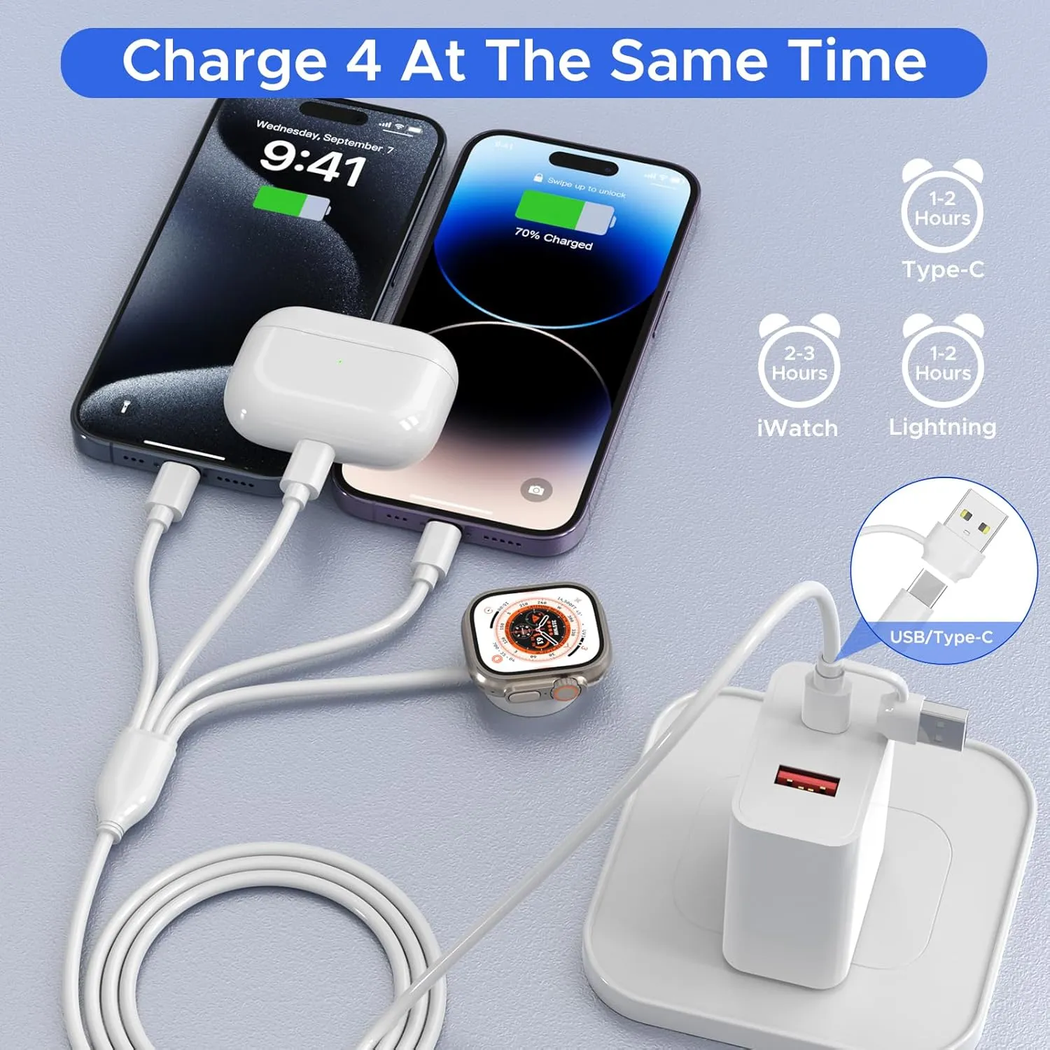 4 in 2 Multi Charging Cable for Apple Watch Charger,PD20W USB C A Charger Block Travel Essentials with L/Type C iWatch for iPhone 16 15 14 13 iWatch Series 10/9/8/7/6/5/4/3/2/1 Galaxy S23-4FT
