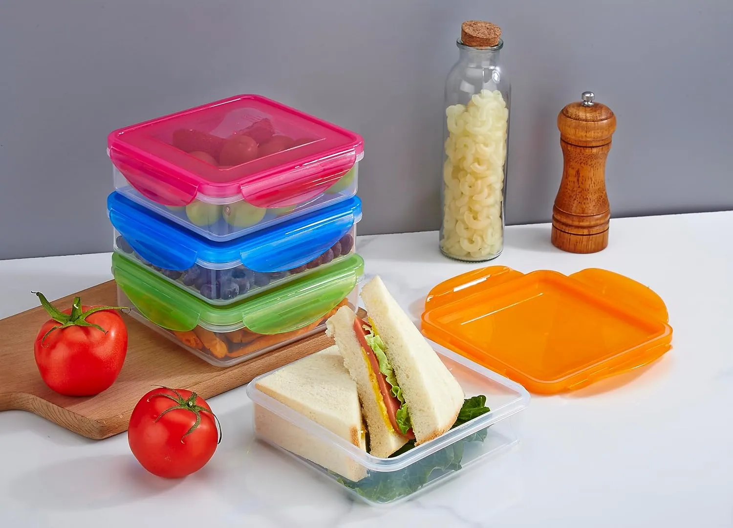 4 Pack - Fun Size Sandwich Containers - Reusable, BPA Free Plastic, Snap Shut Lids with Leakproof Silicone Seal. Great for Sandwiches, Snacks & Storage (Blue, Pink, Orange & Green)