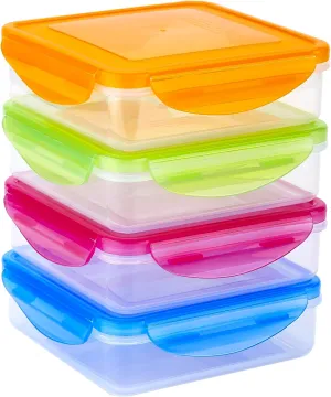 4 Pack - Fun Size Sandwich Containers - Reusable, BPA Free Plastic, Snap Shut Lids with Leakproof Silicone Seal. Great for Sandwiches, Snacks & Storage (Blue, Pink, Orange & Green)
