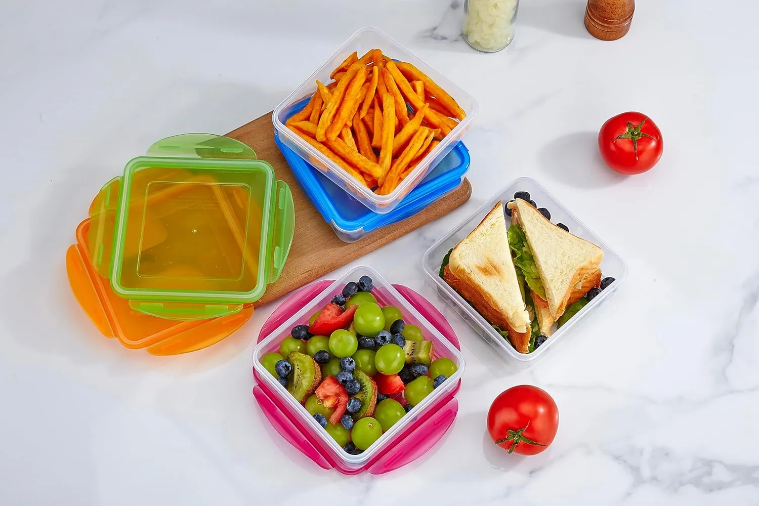4 Pack - Fun Size Sandwich Containers - Reusable, BPA Free Plastic, Snap Shut Lids with Leakproof Silicone Seal. Great for Sandwiches, Snacks & Storage (Blue, Pink, Orange & Green)