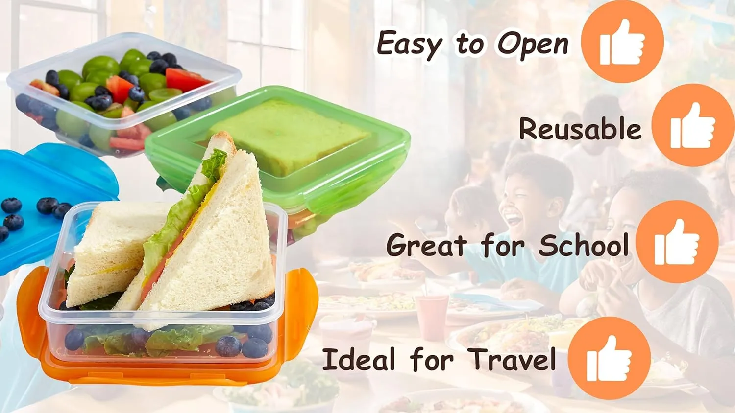 4 Pack - Fun Size Sandwich Containers - Reusable, BPA Free Plastic, Snap Shut Lids with Leakproof Silicone Seal. Great for Sandwiches, Snacks & Storage (Blue, Pink, Orange & Green)