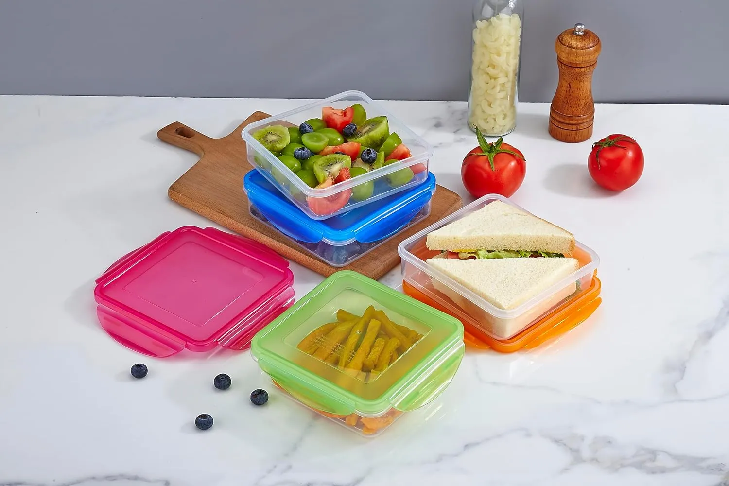 4 Pack - Fun Size Sandwich Containers - Reusable, BPA Free Plastic, Snap Shut Lids with Leakproof Silicone Seal. Great for Sandwiches, Snacks & Storage (Blue, Pink, Orange & Green)
