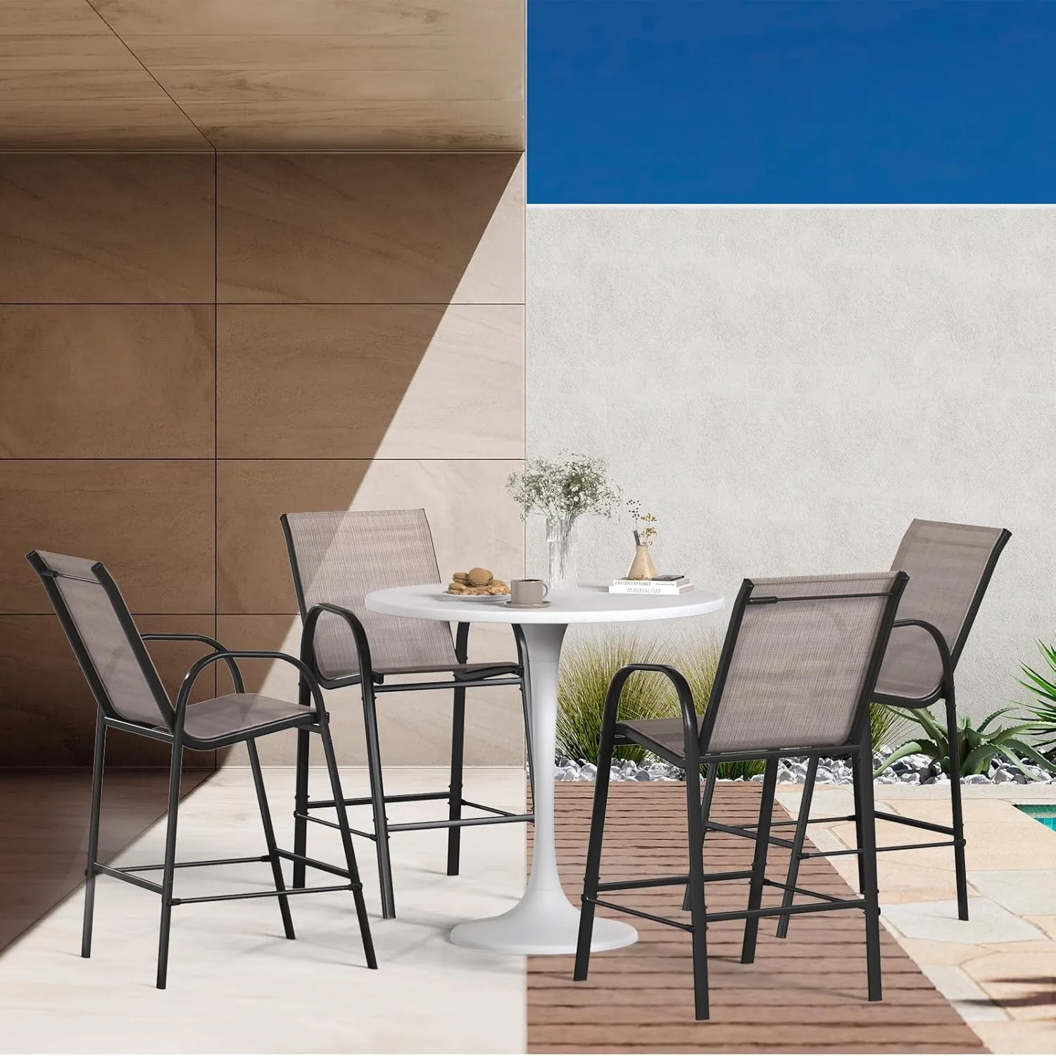 4-Piece Outdoor Bar Stool Set - Stackable High-Back Textilene Chairs & Weatherproof Steel Frame, 330lb Capacity Patio Furniture for Backyard/Balcony/Porch, Quick Assembly & Rust-Resistant
