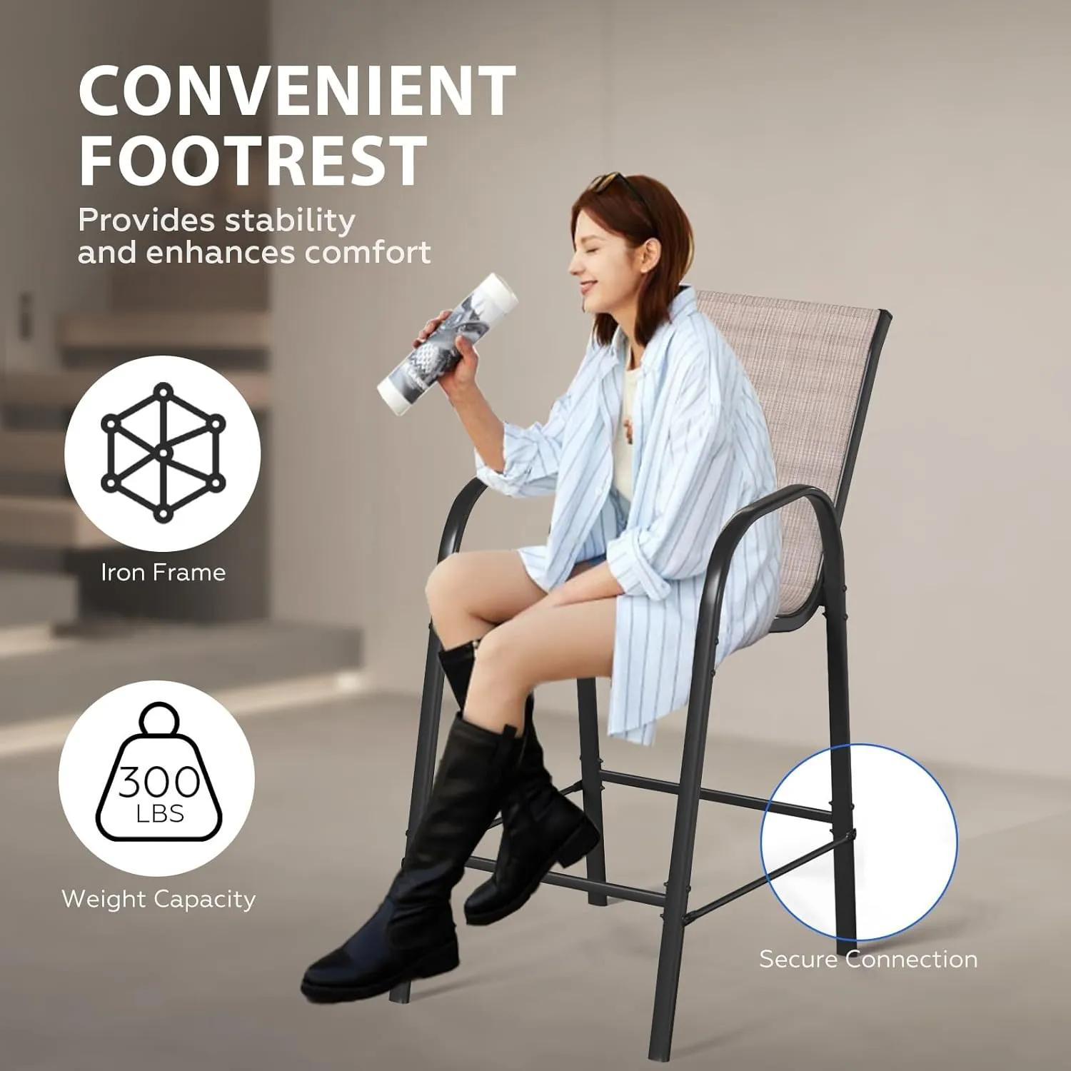 4-Piece Outdoor Bar Stool Set - Stackable High-Back Textilene Chairs & Weatherproof Steel Frame, 330lb Capacity Patio Furniture for Backyard/Balcony/Porch, Quick Assembly & Rust-Resistant