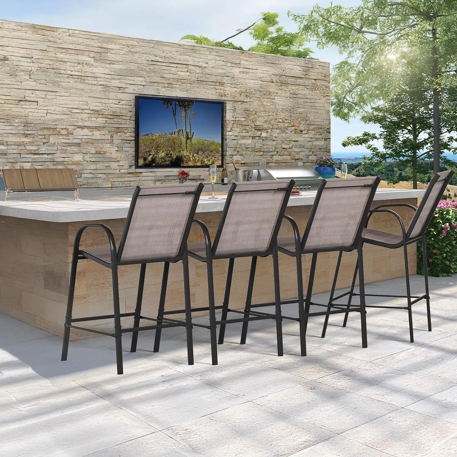 4-Piece Outdoor Bar Stool Set - Stackable High-Back Textilene Chairs & Weatherproof Steel Frame, 330lb Capacity Patio Furniture for Backyard/Balcony/Porch, Quick Assembly & Rust-Resistant