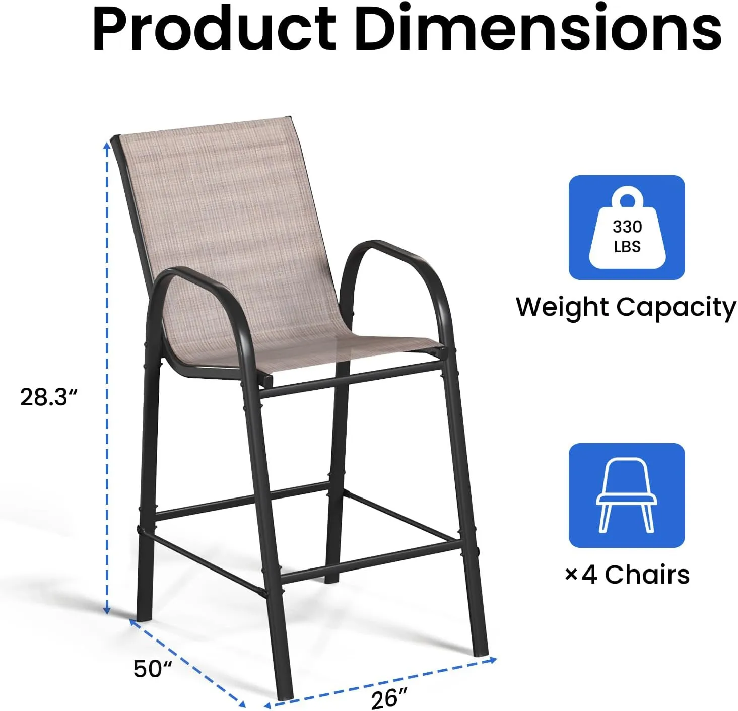 4-Piece Outdoor Bar Stool Set - Stackable High-Back Textilene Chairs & Weatherproof Steel Frame, 330lb Capacity Patio Furniture for Backyard/Balcony/Porch, Quick Assembly & Rust-Resistant