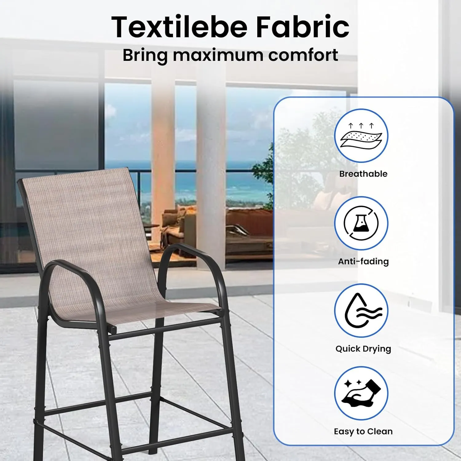 4-Piece Outdoor Bar Stool Set - Stackable High-Back Textilene Chairs & Weatherproof Steel Frame, 330lb Capacity Patio Furniture for Backyard/Balcony/Porch, Quick Assembly & Rust-Resistant