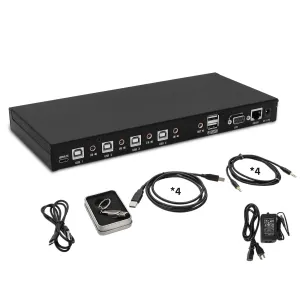4-Port KM Switch with Mouse Roaming Control, Independent Audio Switching, Supports Multi-Monitor, Hotkey Control, Includes Cables and Management Software to Customize Switching Modes, 2-Year Warranty