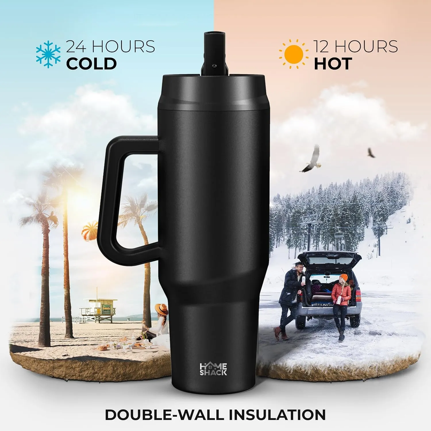 40 oz Tumbler with Handle and Foldable Straw Lid - Leakproof Insulated Stainless Steel Water Bottle - Hot & Cold Beverage Travel Mug - Reusable Iced Coffee Cup - Cupholder Friendly - Gift