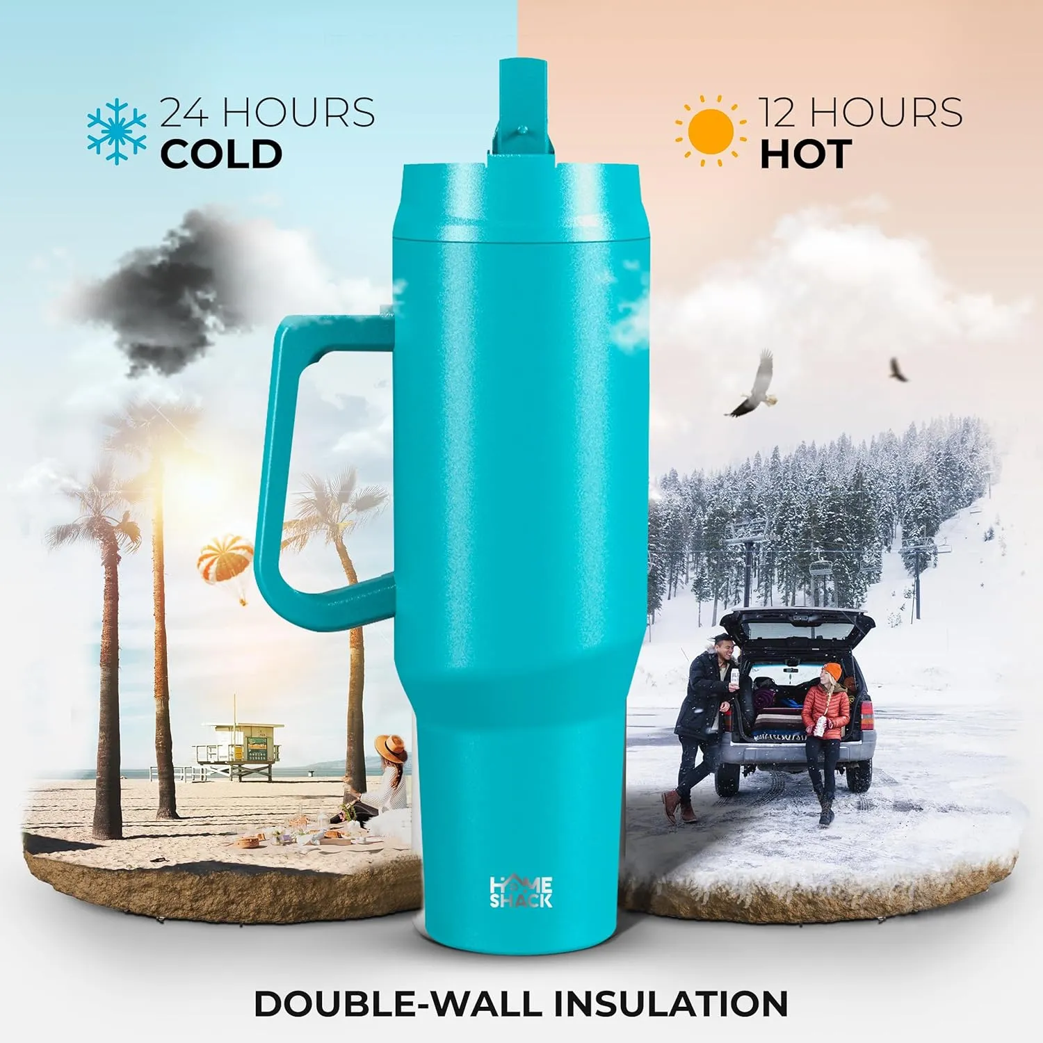 40 oz Tumbler with Handle and Foldable Straw Lid - Leakproof Insulated Stainless Steel Water Bottle - Hot & Cold Beverage Travel Mug - Reusable Iced Coffee Cup - Cupholder Friendly - Gift