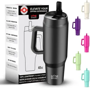 40 oz Tumbler with Handle and Foldable Straw Lid - Leakproof Insulated Stainless Steel Water Bottle - Hot & Cold Beverage Travel Mug - Reusable Iced Coffee Cup - Cupholder Friendly - Gift
