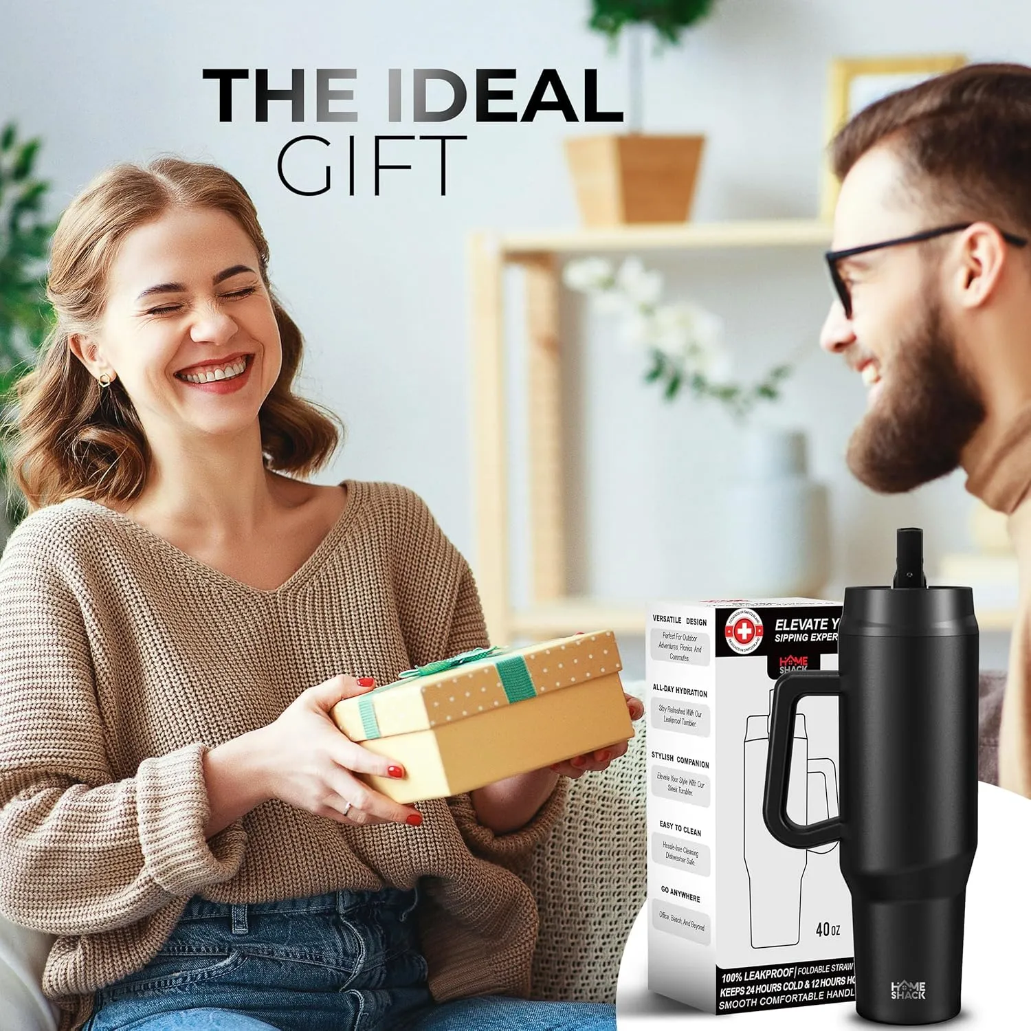 40 oz Tumbler with Handle and Foldable Straw Lid - Leakproof Insulated Stainless Steel Water Bottle - Hot & Cold Beverage Travel Mug - Reusable Iced Coffee Cup - Cupholder Friendly - Gift