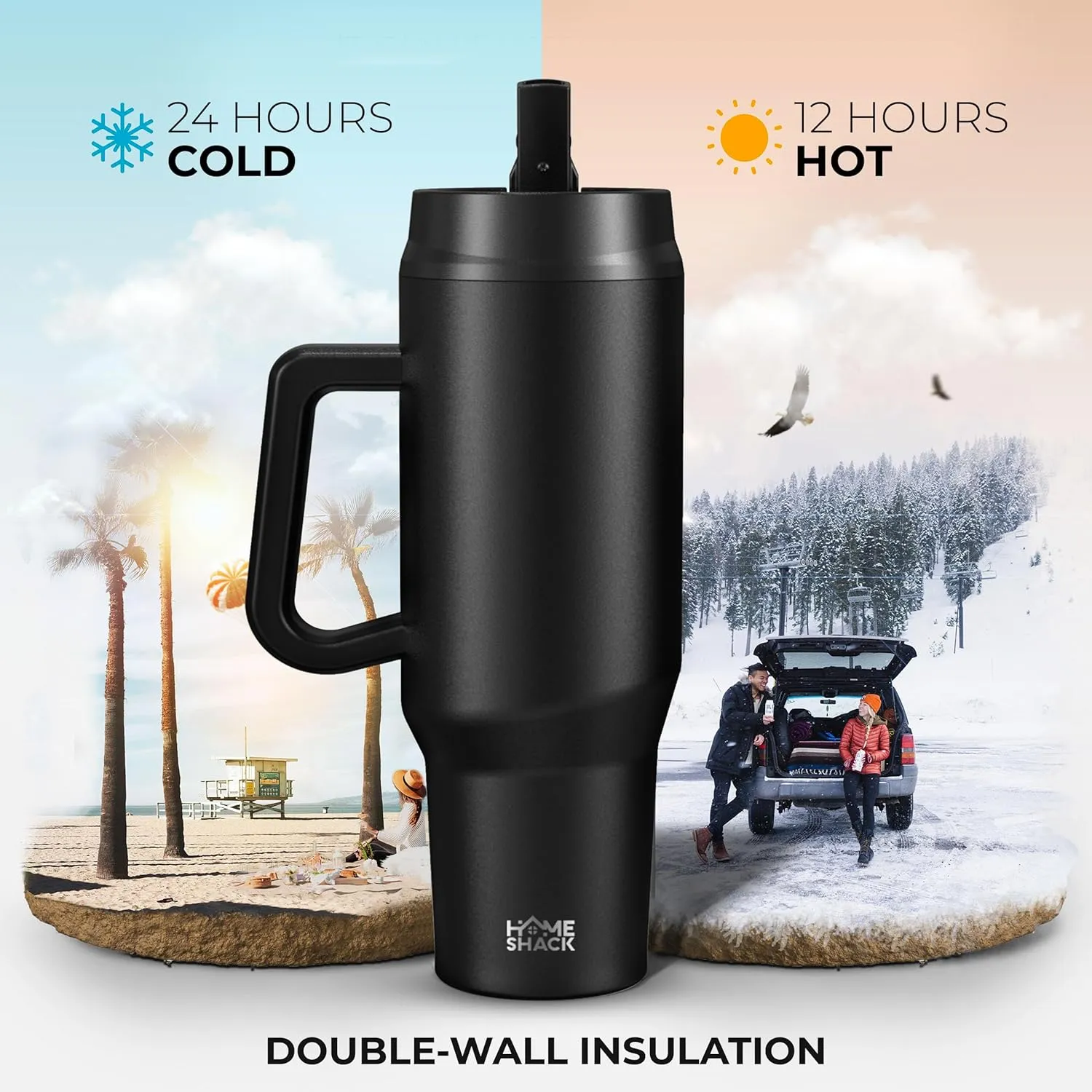 40 oz Tumbler with Handle and Foldable Straw Lid - Leakproof Insulated Stainless Steel Water Bottle - Hot & Cold Beverage Travel Mug - Reusable Iced Coffee Cup - Cupholder Friendly - Gift