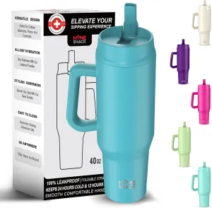 40 oz Tumbler with Handle and Foldable Straw Lid - Leakproof Insulated Stainless Steel Water Bottle - Hot & Cold Beverage Travel Mug - Reusable Iced Coffee Cup - Cupholder Friendly - Gift