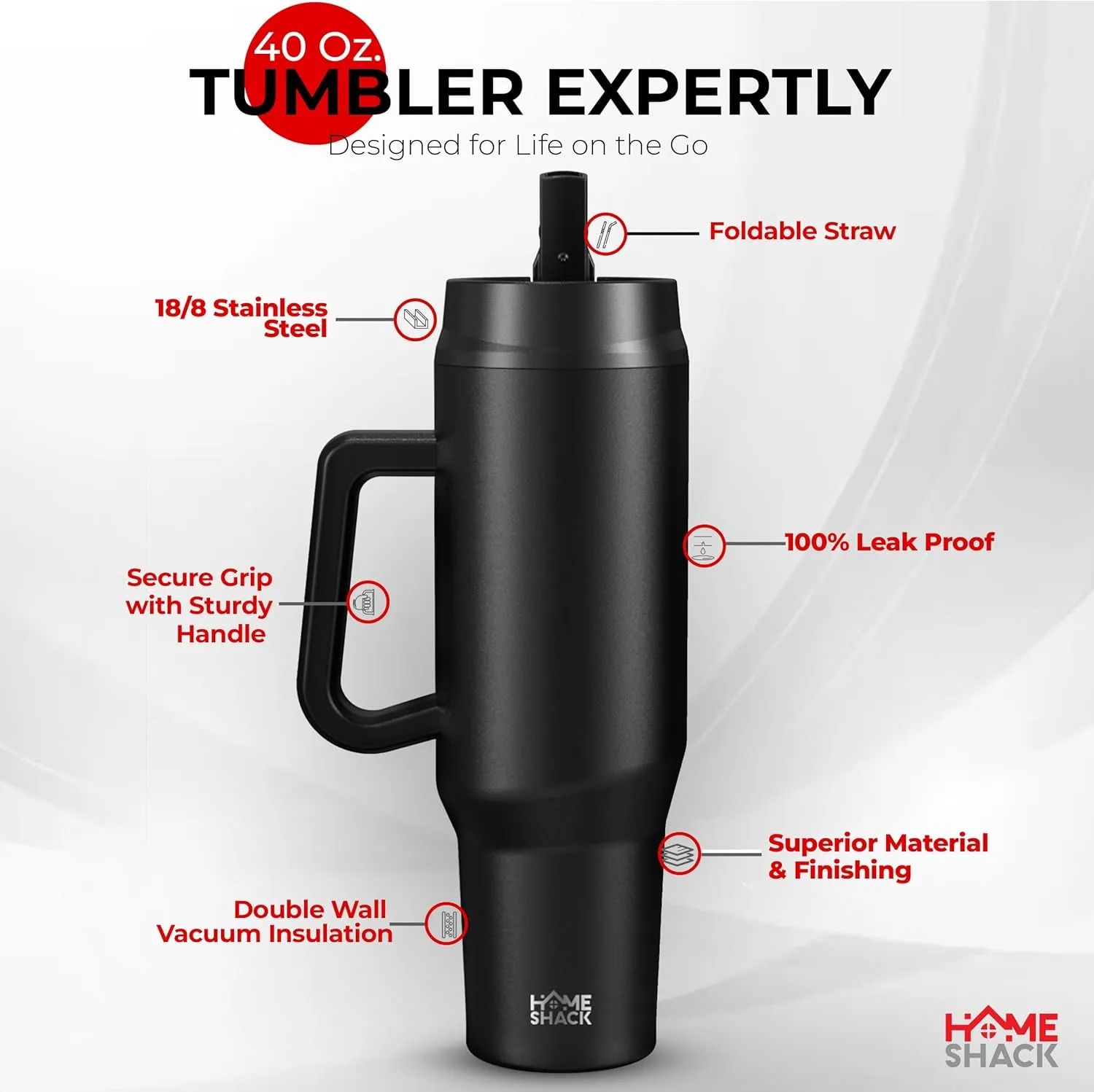 40 oz Tumbler with Handle and Foldable Straw Lid - Leakproof Insulated Stainless Steel Water Bottle - Hot & Cold Beverage Travel Mug - Reusable Iced Coffee Cup - Cupholder Friendly - Gift