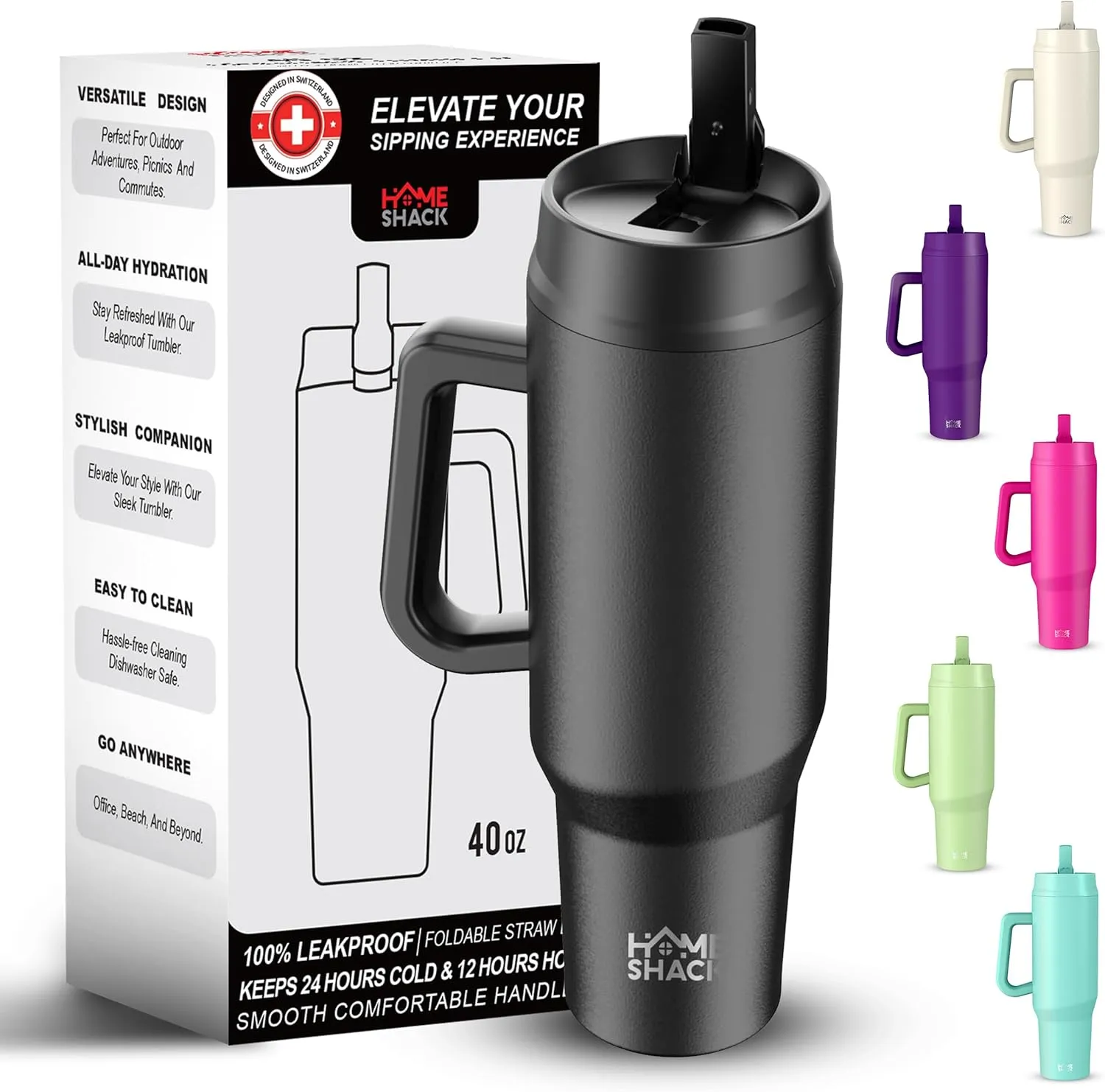 40 oz Tumbler with Handle and Foldable Straw Lid - Leakproof Insulated Stainless Steel Water Bottle - Hot & Cold Beverage Travel Mug - Reusable Iced Coffee Cup - Cupholder Friendly - Gift