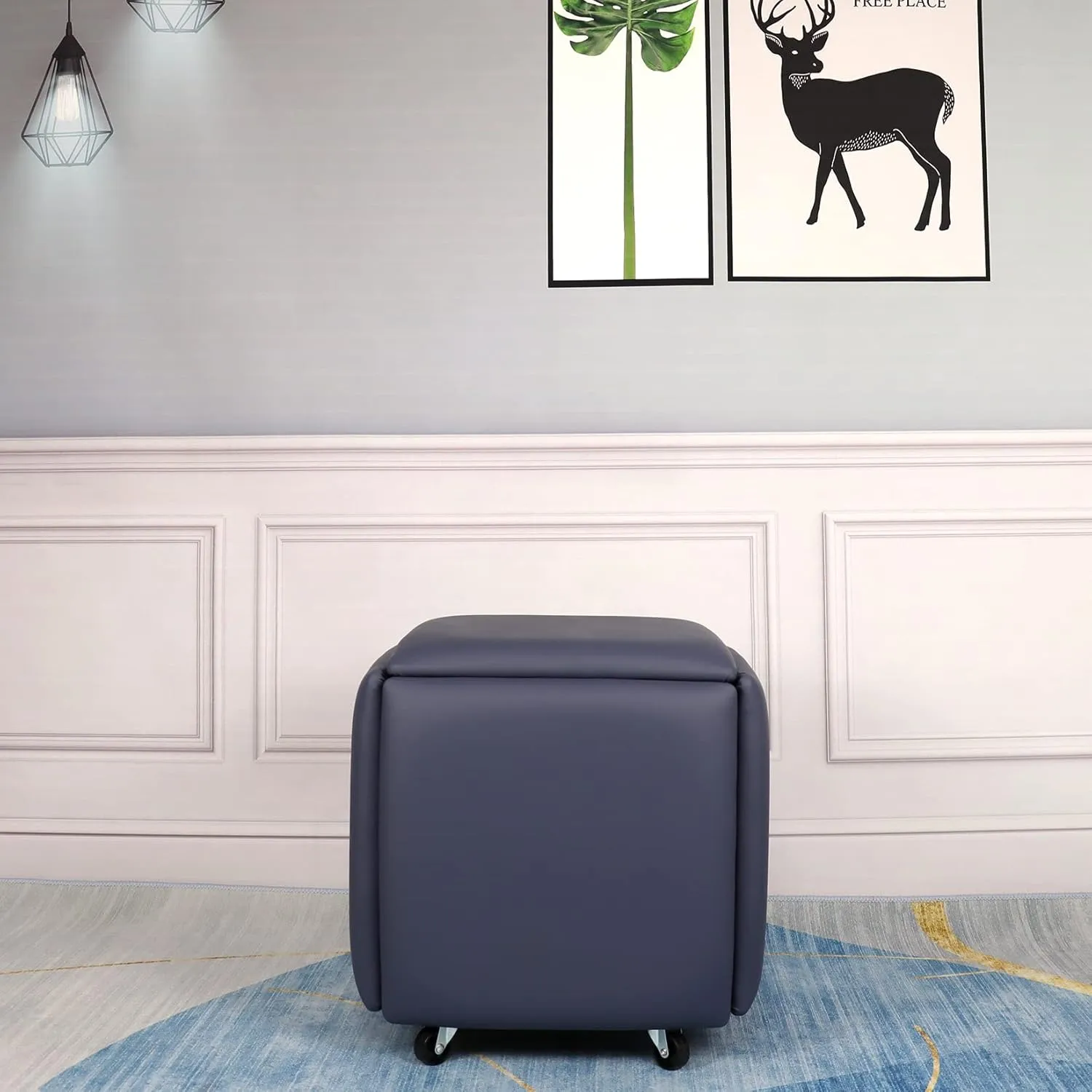 5 in 1 Nesting Ottoman Cube Chair, Stackable Stools, Leather Square Ottoman Bench, Foot Stool with Wheels for Living Room,Dining Room 15.75x15.75x16.54 inches