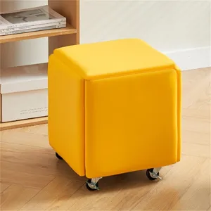 5 in 1 Nesting Ottoman with Wheels Movable Footstool Stackable Sofa Stools PU Leather Pouf Chair Square Foot Stool for Dining Room Living Room Creative idea(Yellow,32x32x32cm)